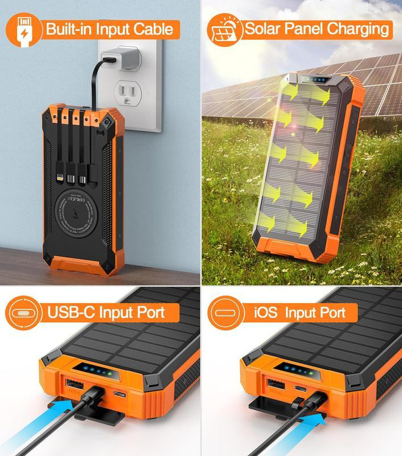 36000Mah Solar Charger Power Bank Wireless Charger Built in 4 Cables 6 Outputs, 18W Fast Charging Power Bank for All Mobile Devices with Dual Flashlights
